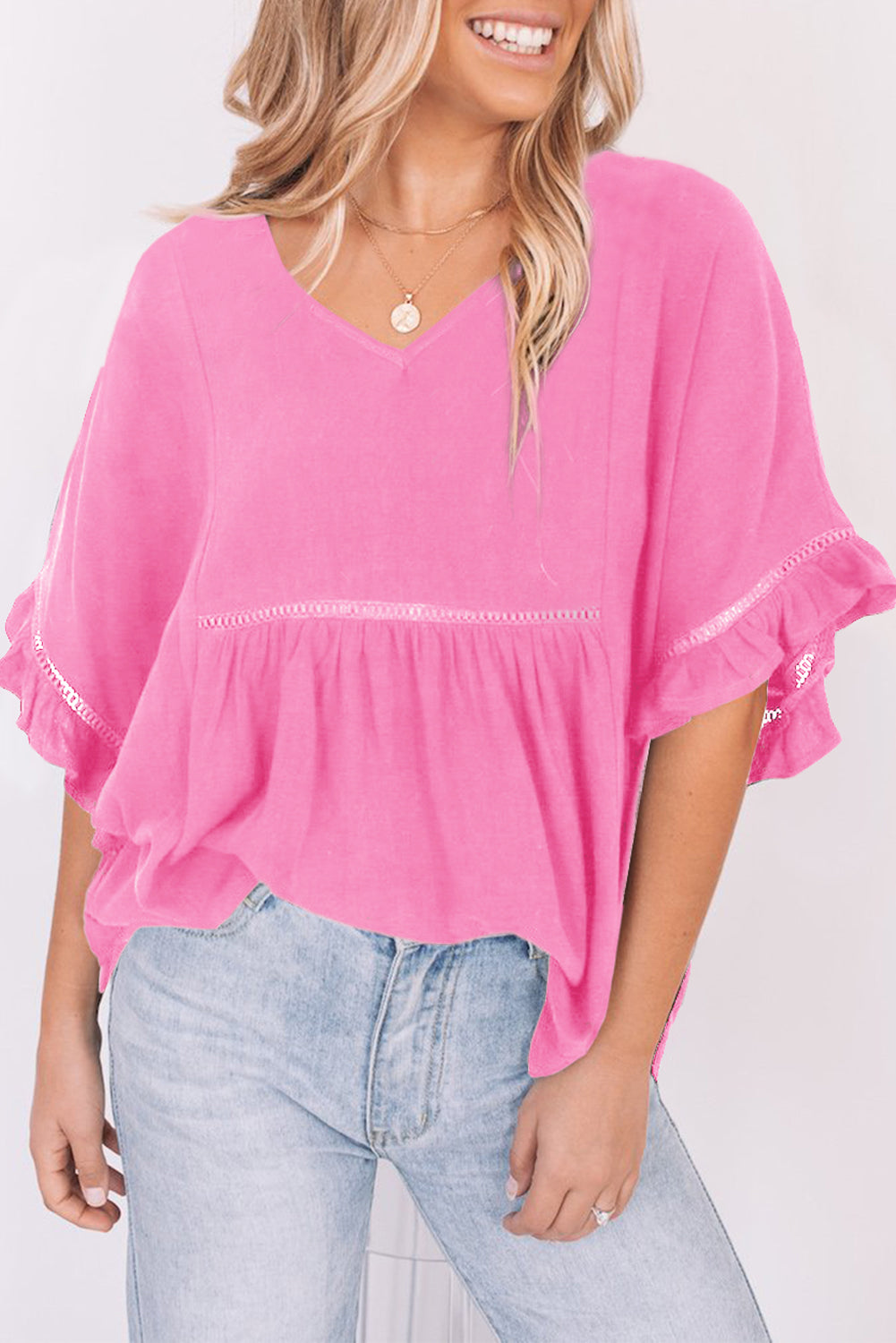 V-Neck Flounce Sleeve Babydoll Blouse - Online Only