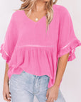 V-Neck Flounce Sleeve Babydoll Blouse - Online Only