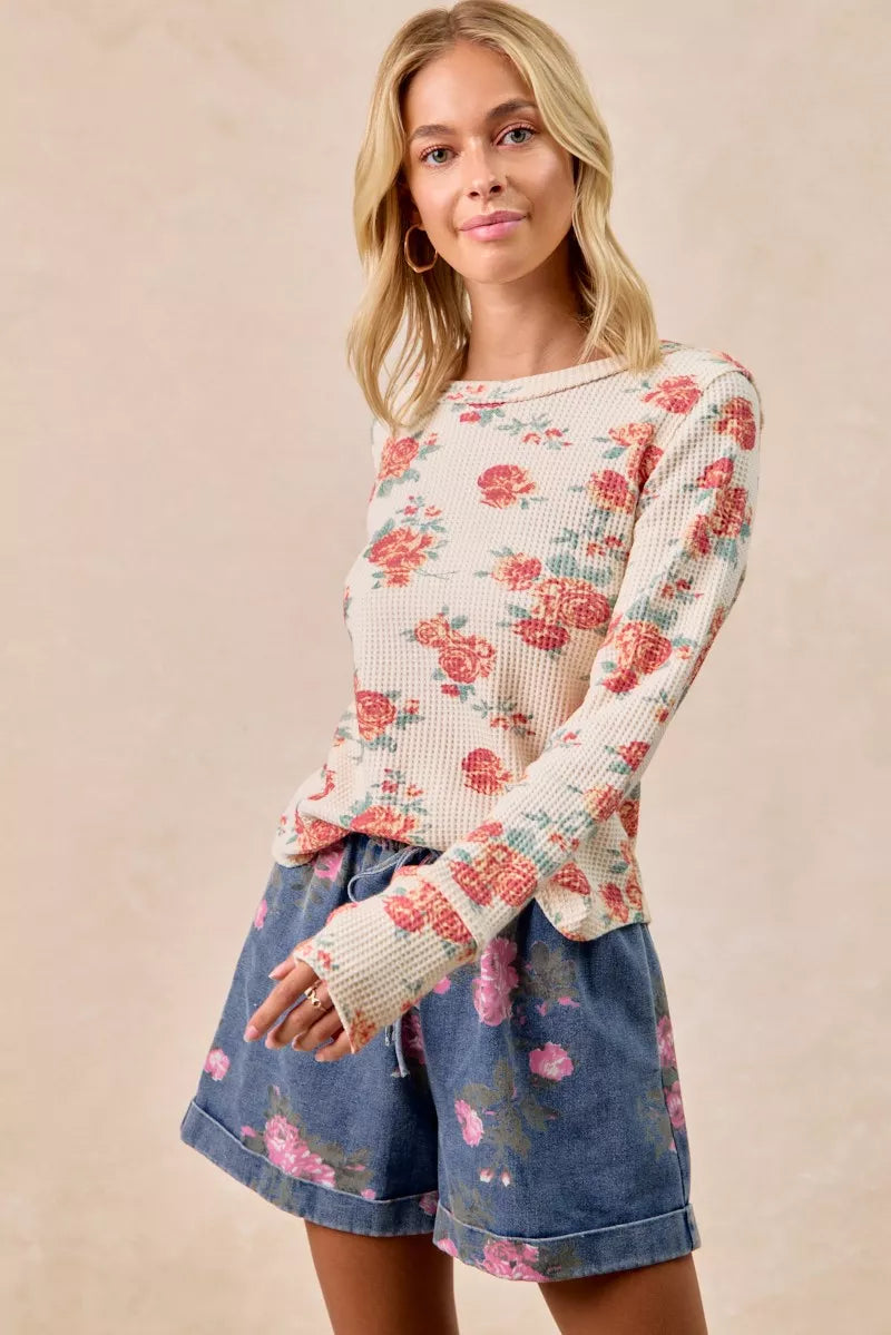 BiBi Floral Print Washed Waffle Thermal Top With Thumb