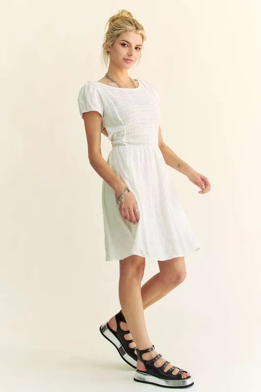 Davi & Dani Crossed Back Short Sleeve Dress with Pockets