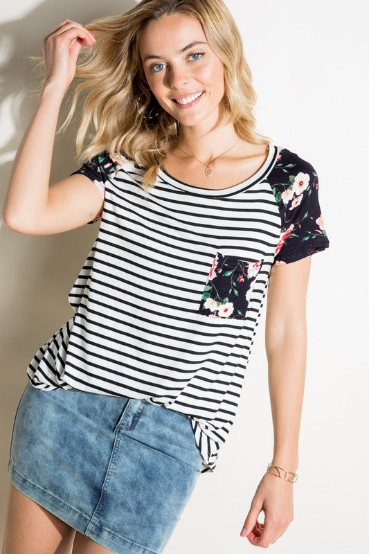 e Luna Striped Floral Mix Short Sleeve Top