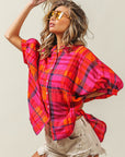 BiBi Button Up Dolman Sleeve Plaid Shirt