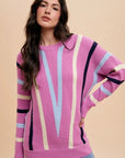 Annie Wear Chevron Stripe Round Neck Ribbed Sweater