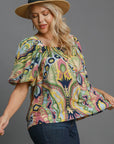 Umgee Full Size Abstract Print Smocked Square Neck Puff Sleeve Blouse