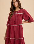 Annie Wear Tassel Contrast Trim Tie Neck Half Sleeve Tiered Dress