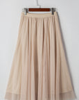 Solid Tulle Mesh Overlay Flared Midi Skirt