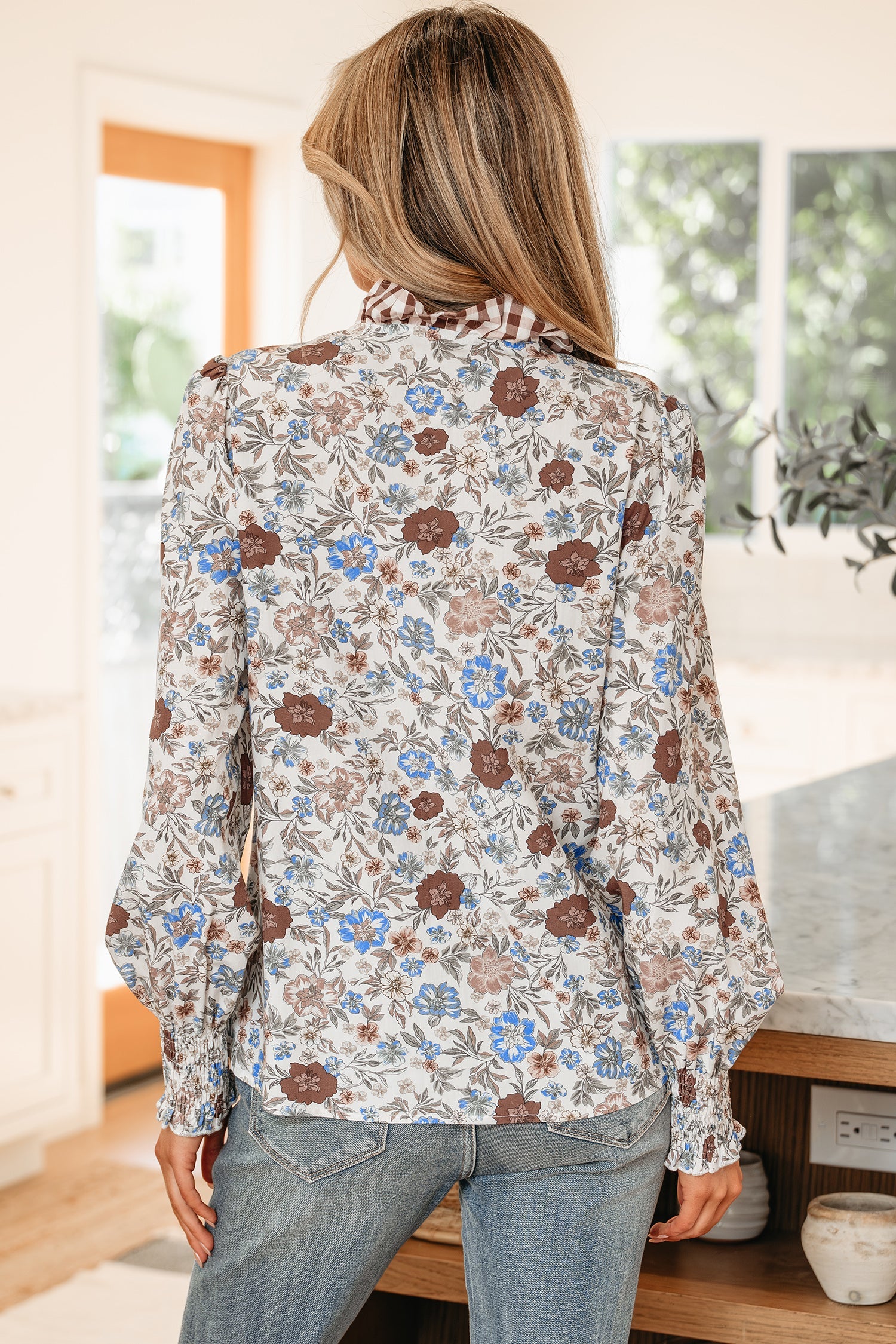 Floral Gingham Plaid Frilled Trim Long Sleeve Blouse