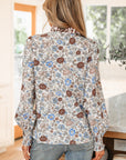 Floral Gingham Plaid Frilled Trim Long Sleeve Blouse