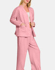 Zenana Quilted Button Up Long Sleeve Top and Pants Lounge Set