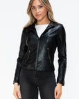 Snobbish Faux Leather Zip Up Drawstring Hooded Jacket