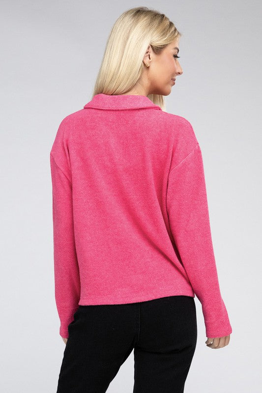 Zenana Brushed Melange Hacci Collared Sweater