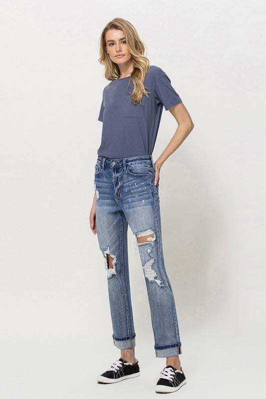 VERVET by Flying Monkey Stretch Boyfriend Jeans with Paint Splatter