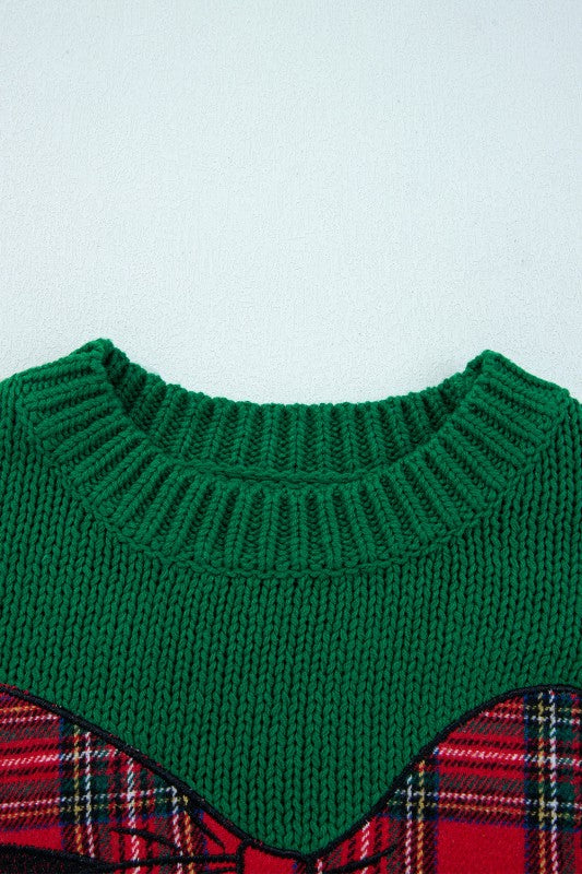 Plaid Bow Drop Shoulder Christmas Sweater