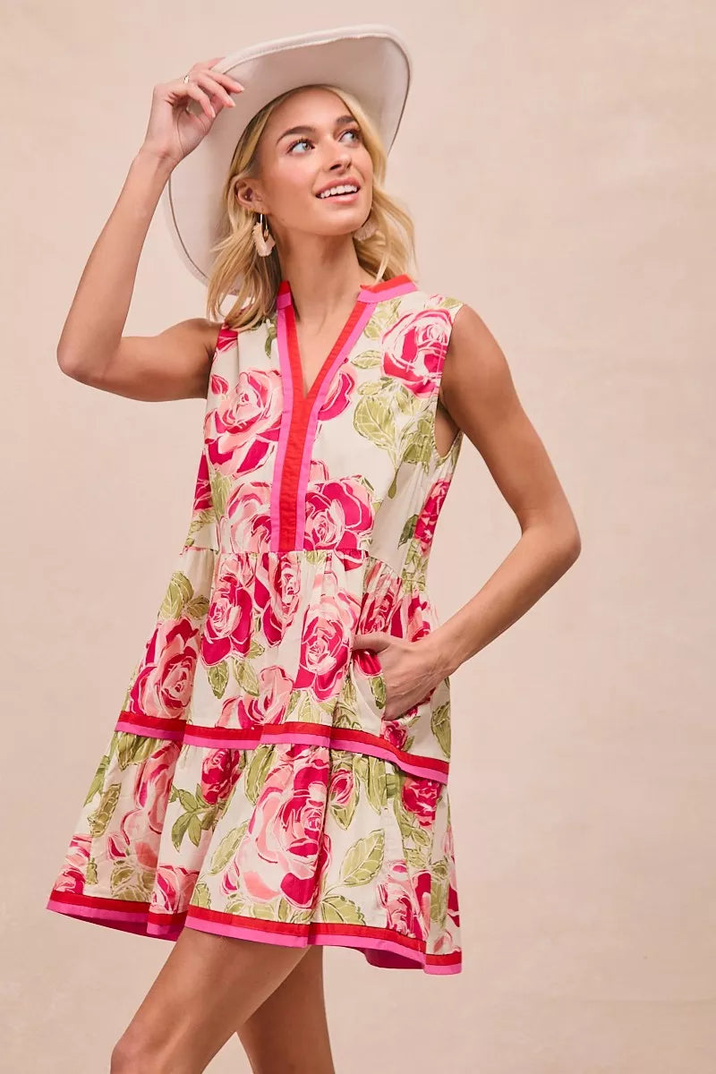 BiBi Floral Woven Contrast Edge Tiered Ruffle Mini Dress