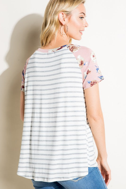 e Luna Striped Floral Mix Pocket Top