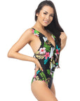 Black Floral Ruffled V-Neck One Piece Swimsuit