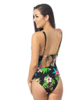 Black Floral Ruffled V-Neck One Piece Swimsuit