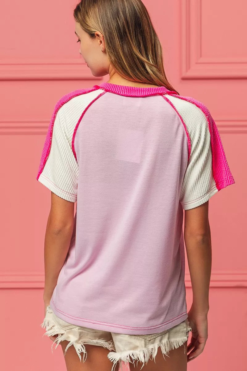 BiBi Cord Rib Combo V Neck Jersey Knit Top