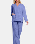 Zenana Quilted Button Up Long Sleeve Top and Pants Lounge Set