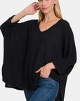 Zenana Full Size Waffle Knit V-Neck Long Sleeve Slit Top