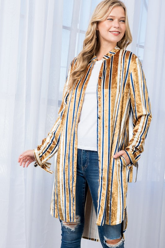 e Luna Striped Velvet Long Cardigan