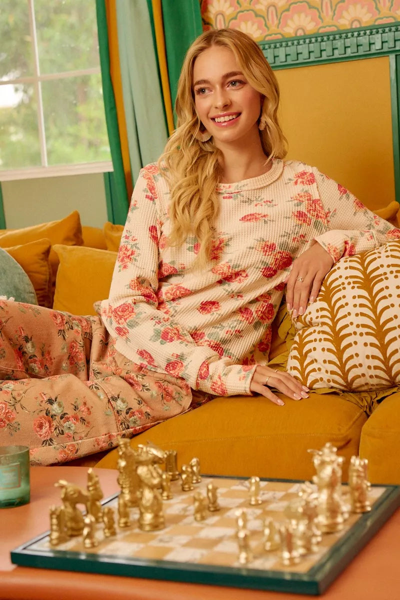 BiBi Floral Print Washed Waffle Thermal Top With Thumb