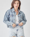 RISEN Full Size Button Down Cropped Denim Jacket