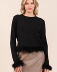 Mittoshop Feather Trim Long Sleeve Crop Hacci Knit Top