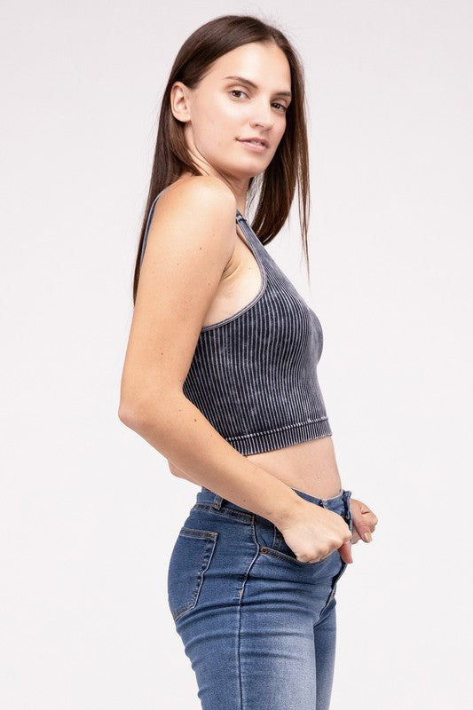 Zenana Washed Ribbed Cropped V-Neck Tank Top