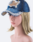 US Map Crystal Embellished Fashion Denim Cap