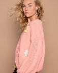 POL Crochet Flower Round Neck Dropped Shoulder Sweater