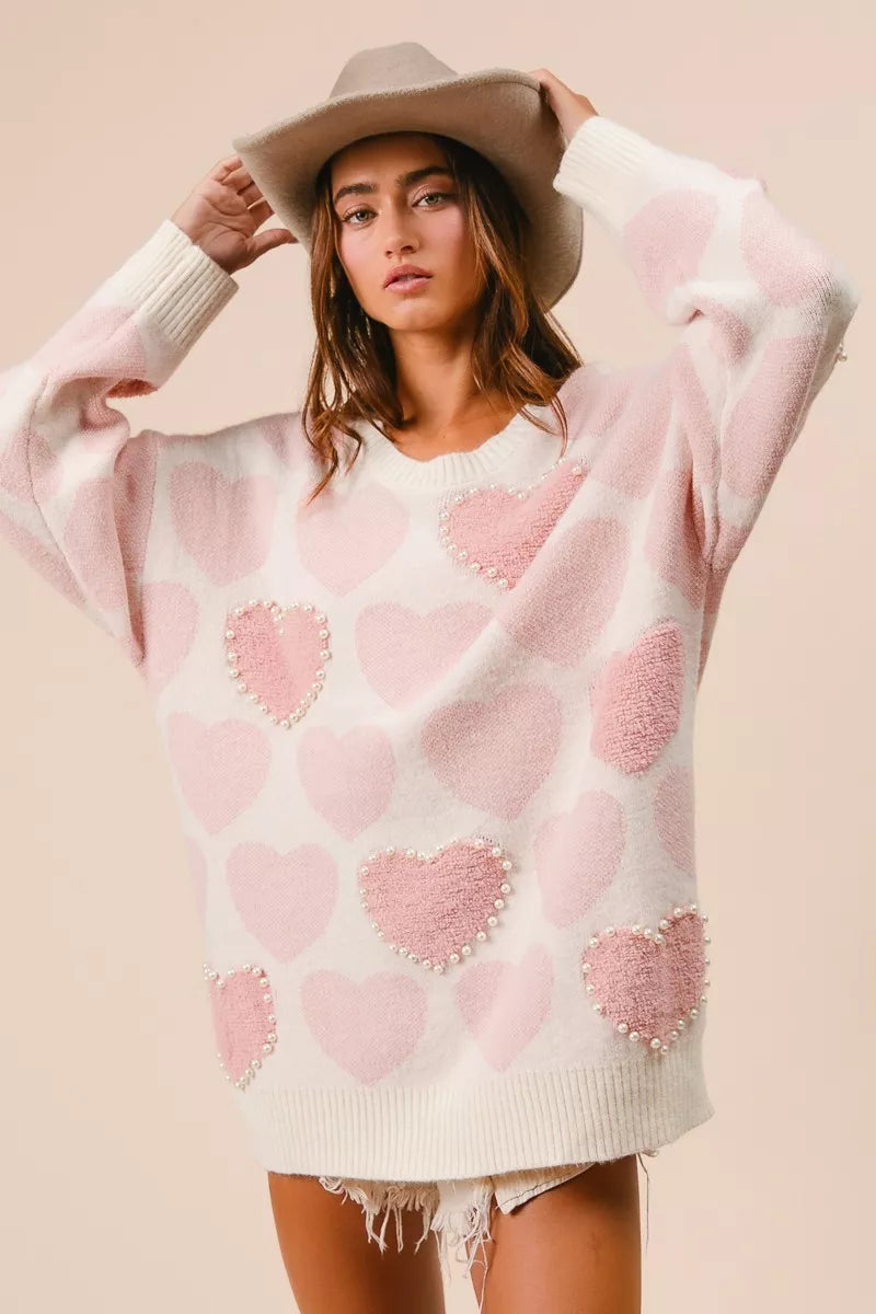 BiBi Heart Pattern Sweater with Pearl Detail