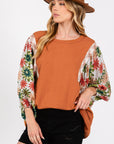 SAGE + FIG Full Size Printed Balloon Sleeve Contrast Top