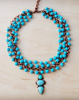 Triple Strand Turquoise & Copper Collar Necklace w/ Droplet Pendant 257lm