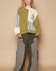 POL Exposed Seam Floral Patch Color Block Round Neck Sweatshirt