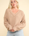 VERY J Exposed Seam V-Neck Ribbed Knit Top