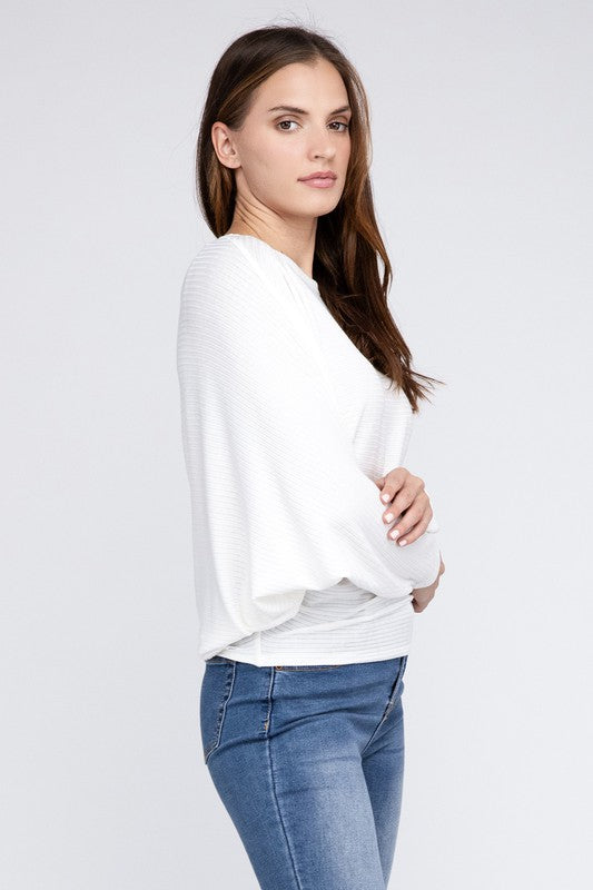 Zenana Ribbed Batwing Long Sleeve Boat Neck Sweater