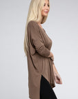 Zenana Dolman Long Sleeve V-Neck Side Slit Hi-Low Hem Top