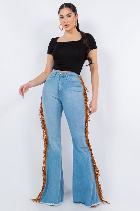 GJG Denim Fringe Bell Bottom In Light Blue