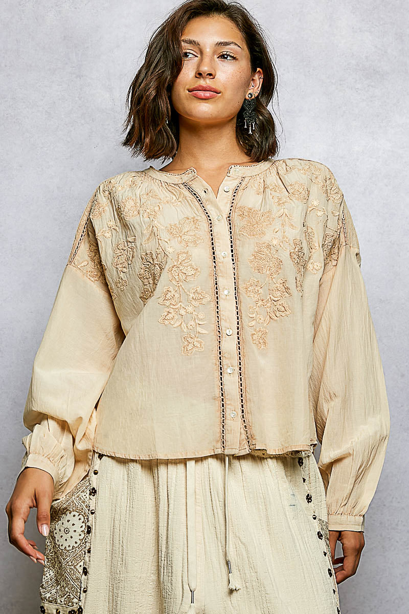 POL Embroidery Button Down Long Sleeve Washed Shirt