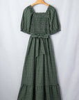 Plaid Shirred High Waist Square Neck Ruffle Hem Dress