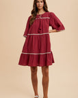 Annie Wear Tassel Contrast Trim Tie Neck Half Sleeve Tiered Dress