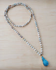 Frosted Amazonite Long Beaded Necklace with Agate Pendant
