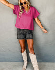 Bright Pink Crinkled V Neck Wide Sleeve T-shirt