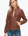 Snobbish Faux Leather Biker Jacket with Side Zip Pockets