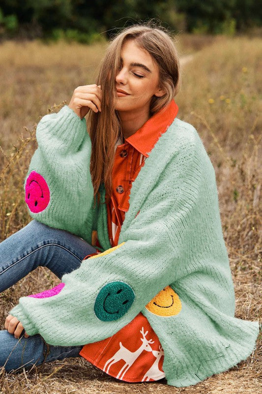 Davi &amp; Dani The Fuzzy Smile Long Bell Sleeve Knit Cardigan