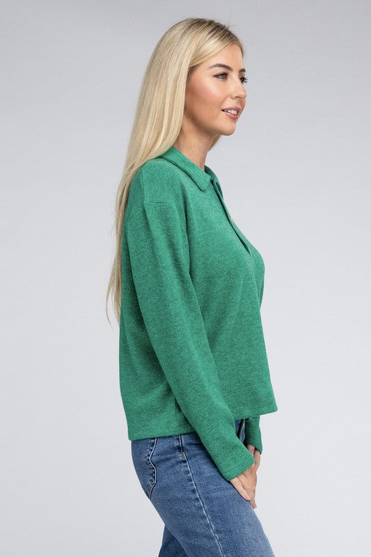 Zenana Brushed Melange Hacci Collared Sweater