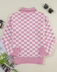 Checkered Buttons V Neck Drop Shoulder Sweater