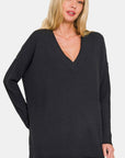 Zenana V-Neck Side Slit High-Low Sweater