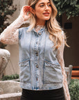 Denim Button-Front Scallop Trim Patch Pocket Vest